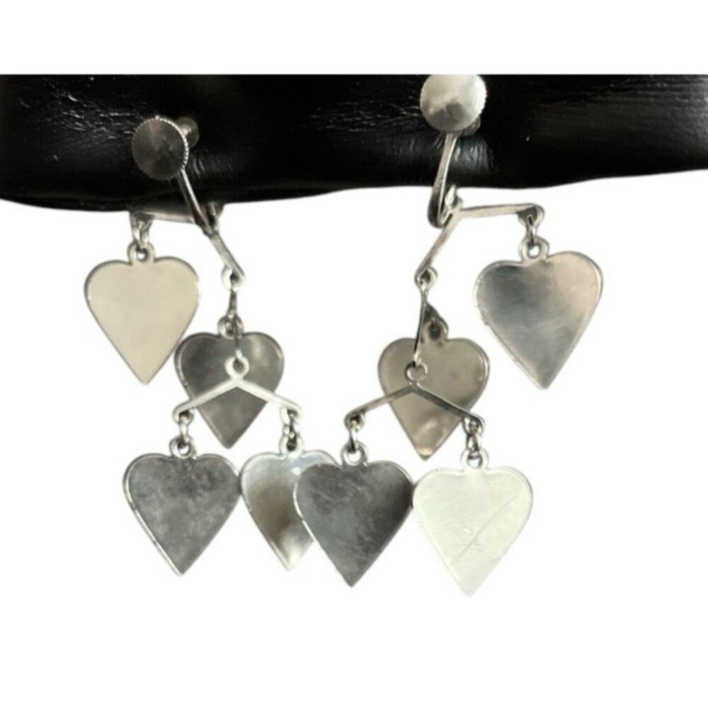 Vintage Heart Earrings Dangle Drop Silver Tone Screw Back